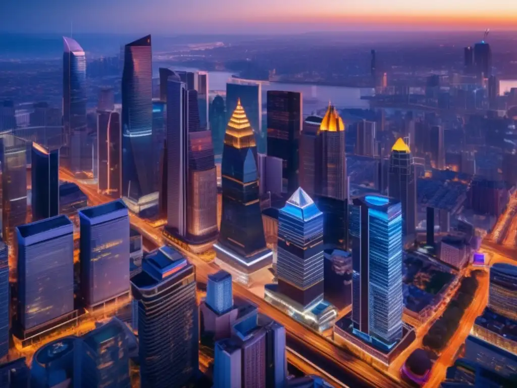 Oportunidades de inversión en la ciudad Retornos inversión propiedades comerciales en vibrante ciudad comercial y residencial al anochecer