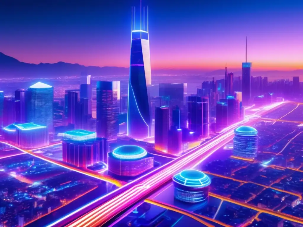 Ciudad futurista iluminada por luces de neón - Retos criptomonedas: soluciones técnicas, ciudad futurista con rascacielos, vehículos hightech y flujo de datos