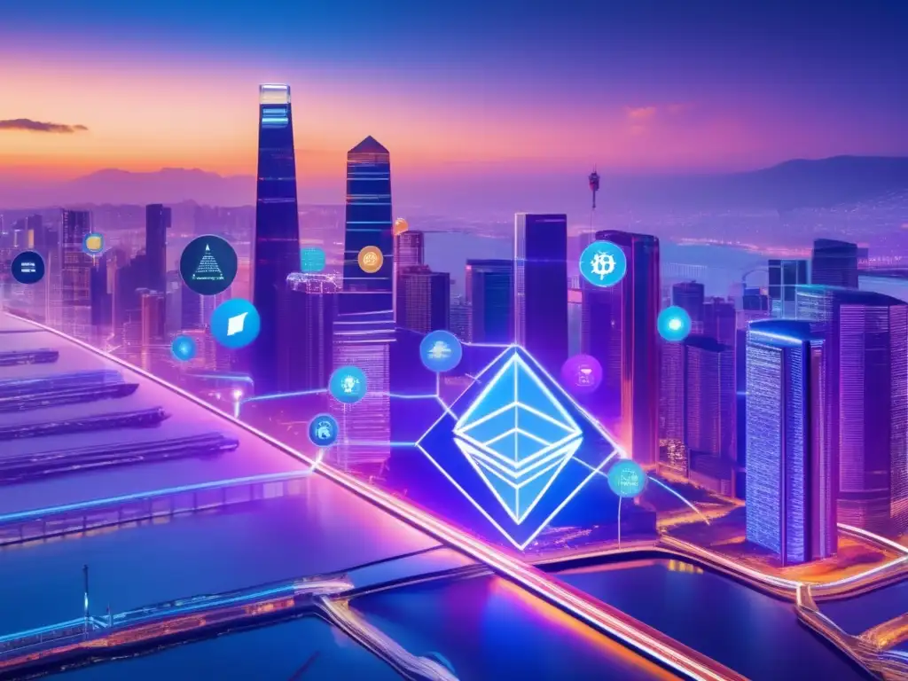 Crecimiento exponencial de criptomonedas Retos escalabilidad criptomonedas soluciones técnicas en una ciudad futurista con rascacielos y pantallas digitales