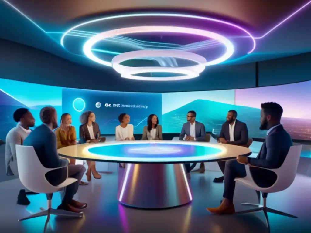 Grupo diverso trabajando en proyectos de impacto social Reunión diversa en oficina futurista, con hologramas de proyectos de impacto social