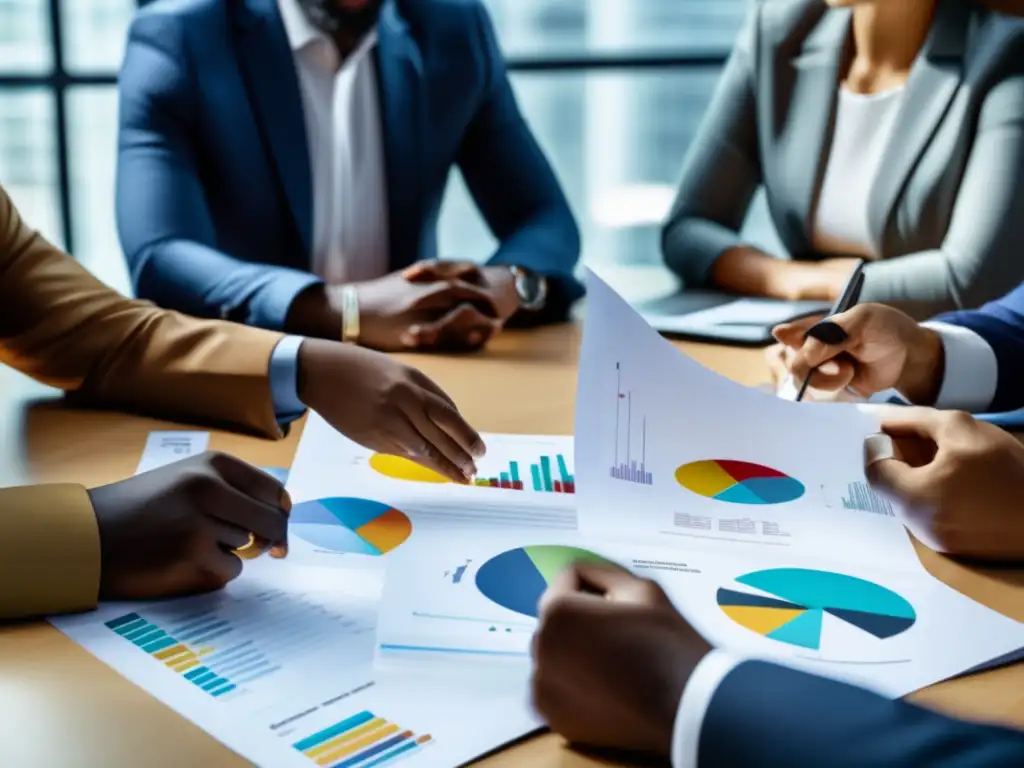 Mesa de discusión financiera con diversidad Reunión diversa en oficina moderna: Cultura del ahorro para inversiones