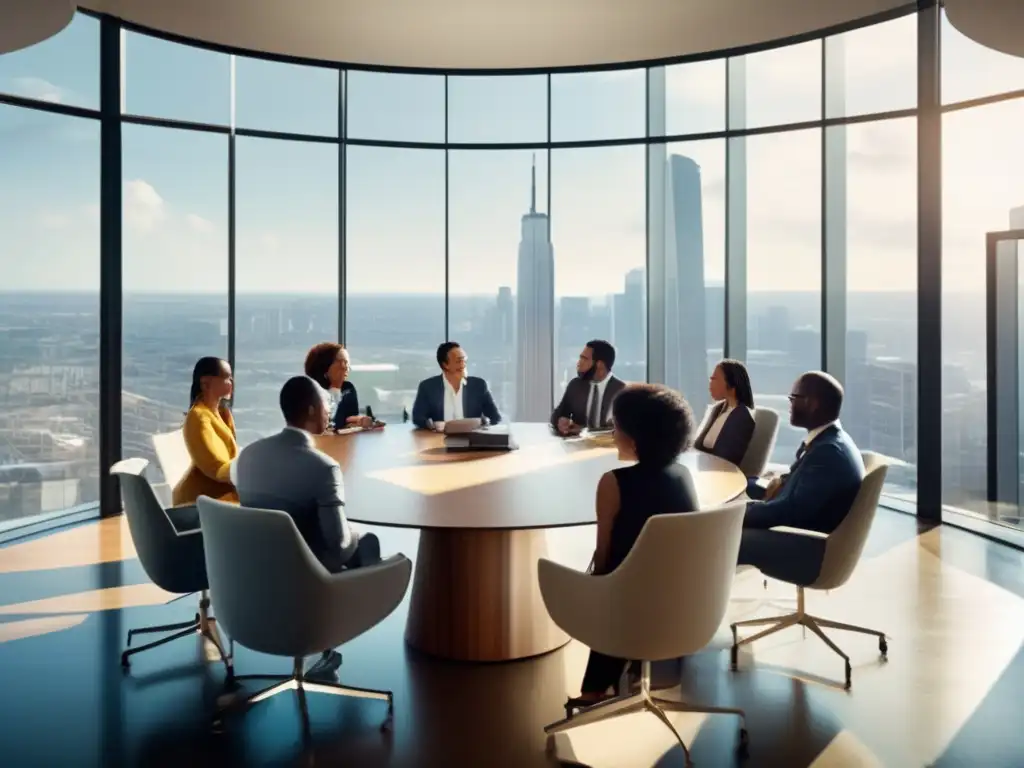 Reunión diversa: Gestión de riesgos financieros culturales en sala moderna con vista panorámica de la ciudad