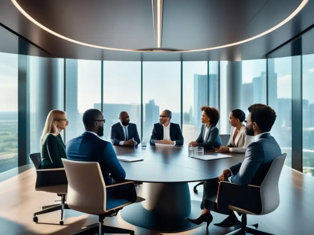 Profesionales discutiendo sobre ESG funds Reunión de expertos en fondos ESG, con ambiente profesional y colaborativo