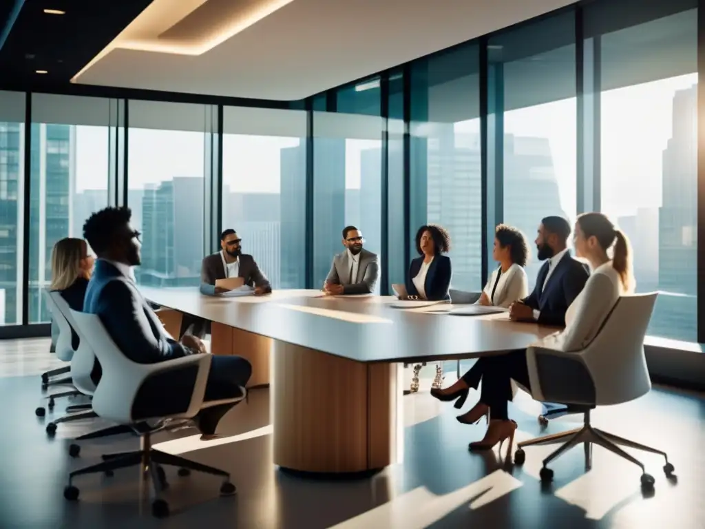 Reunión profesional en oficina moderna Reunión profesionales franquicias: colaboración y decisiones en espacio moderno y luminoso