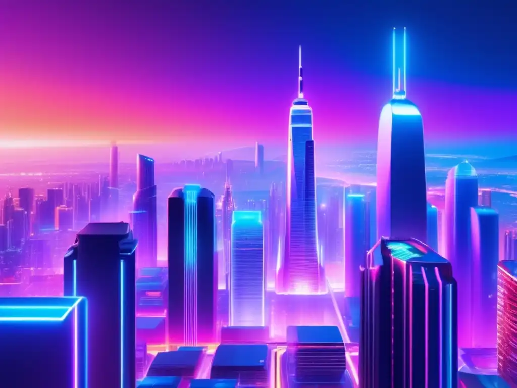 Futuro de las criptomonedas Cómo equilibrar riesgo y recompensa en criptomonedas: Futurista ciudad con rascacielos de vidrio y acero, luces de neón y carros voladores