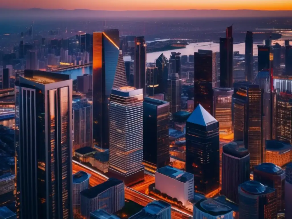Ciudad diversa al atardecer, simbolizando la diversificación Riesgo de diversificación excesiva en ciudad con rascacielos al atardecer
