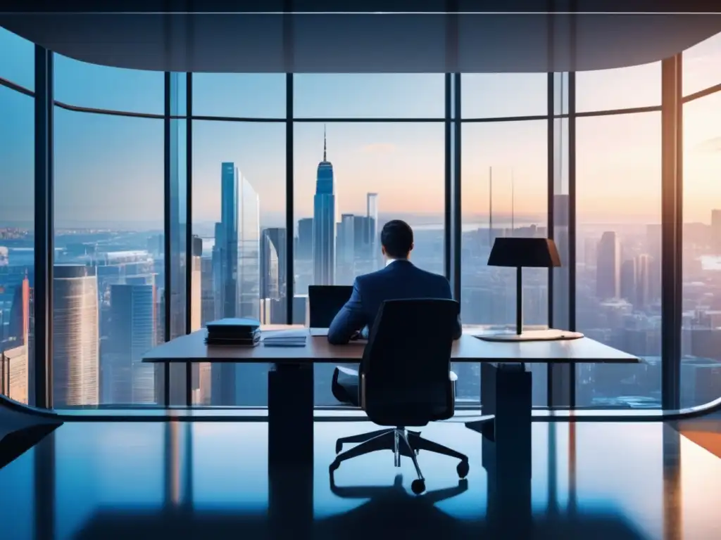 Oficina moderna con vista a la ciudad y un inversor analizando datos Riesgo emocional en la bolsa: psicología de la inversión