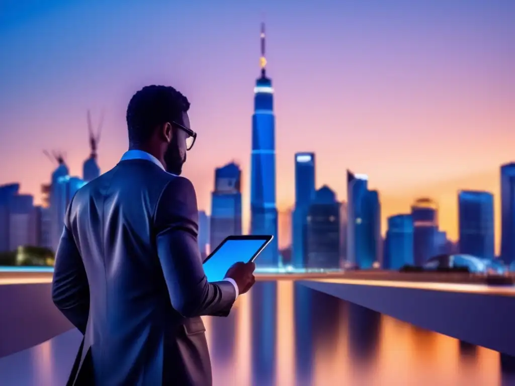 Skyline urbana al atardecer con figura de negocios Gestión de riesgo en inversiones: Ciudad nocturna con rascacielos iluminados y un hombre de traje caminando con una tablet