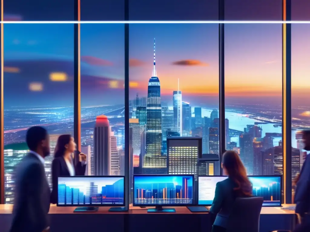 Ciudad nocturna con rascacielos y gráficos financieros Gestión de riesgo en inversiones en una moderna ciudad nocturna con rascacielos iluminados y profesionales apresurados