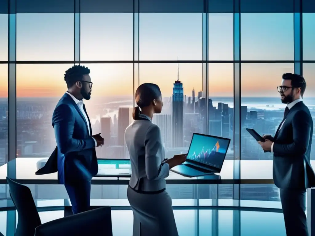 Oficina moderna con vista a la ciudad Riesgo de no invertir: superando el miedo financiero en una oficina moderna y colaborativa con vista a una ciudad vibrante