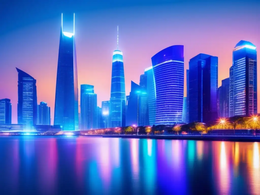Ciudad futurista, inversión segura Gestión de riesgo en operaciones apalancadas: Ciudad futurista con rascacielos brillantes y agua serena