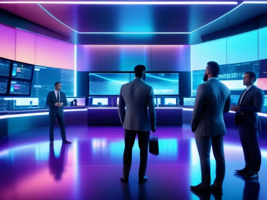 Gestión de riesgos en operaciones apalancadas Gestión de riesgo en operaciones apalancadas: Futurista trading floor con tecnología vanguardista y traders analizando datos de mercado holográficos