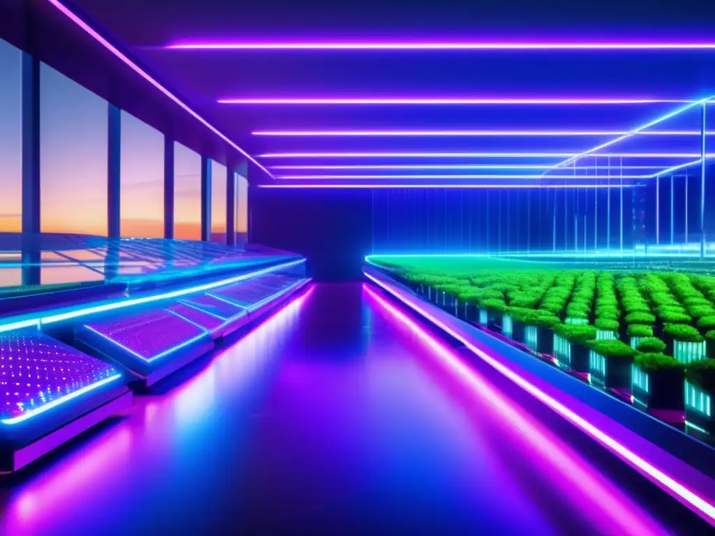 Paisaje digital futurista con granjas de criptomonedas Riesgos y beneficios del farming de criptoactivos en un paisaje digital futurista iluminado por luces neón
