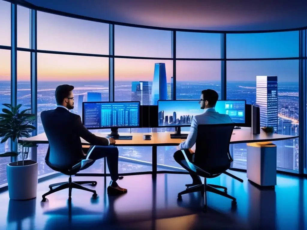 Oficina moderna con vista panorámica Riesgos y beneficios del farming de criptoactivos en moderna oficina con profesionales analizando datos y gráficas