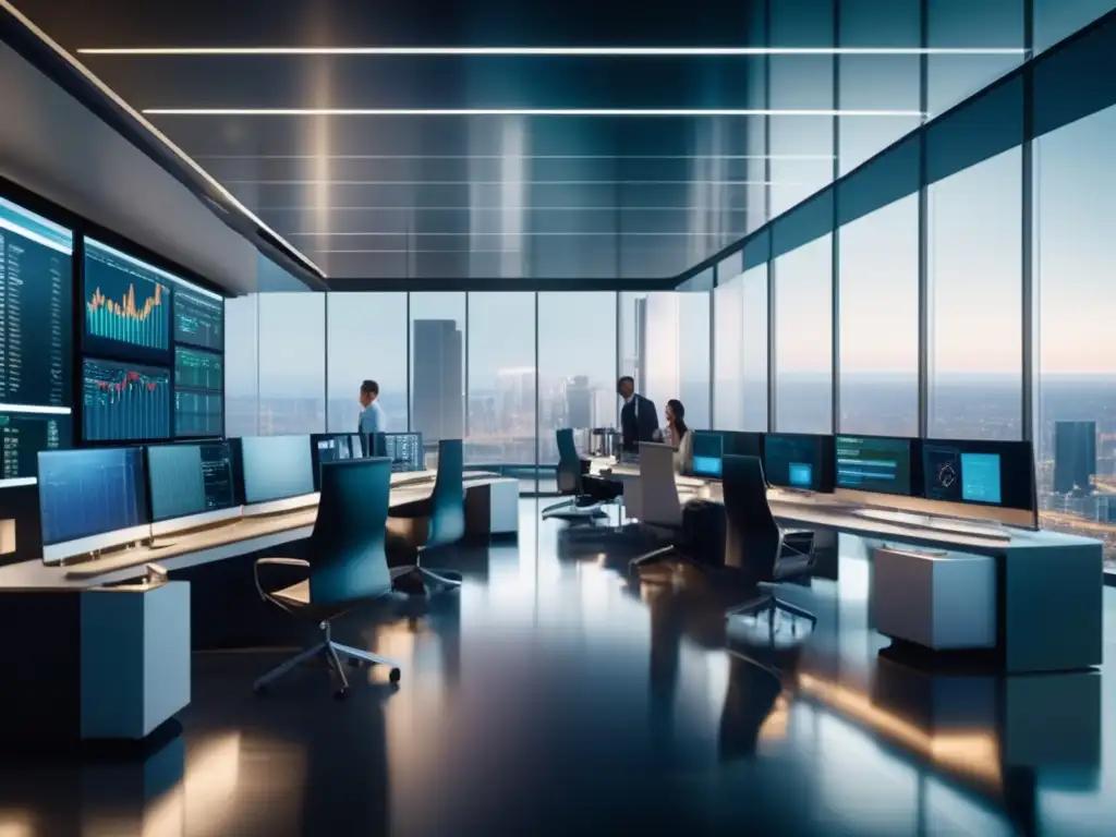 Profesionales analizan datos financieros en moderna sala de trading Riesgos y beneficios de invertir en oro y materias primas: Imagen impactante de una sala de operaciones moderna con profesionales analizando datos financieros y un trader examinando una barra de oro, transmite profesionalismo e innovación