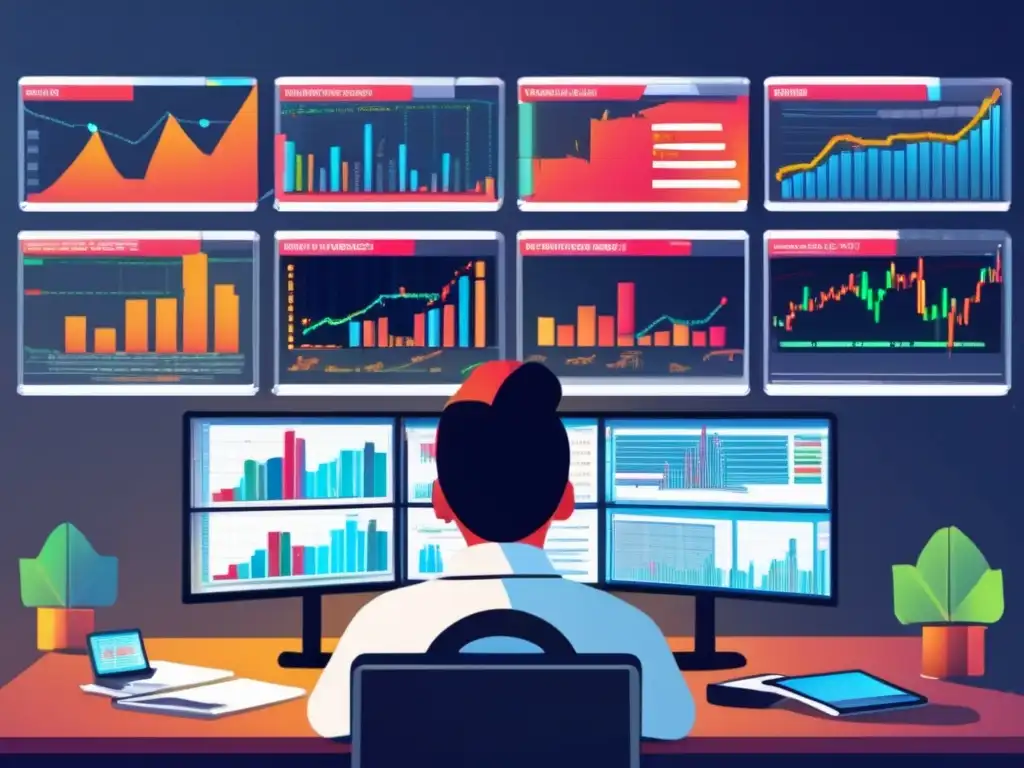 Trader rodeado de gráficos y documentos financieros Riesgos de bots en trading financiero: persona rodeada de papeles y pantallas con gráficos de mercado