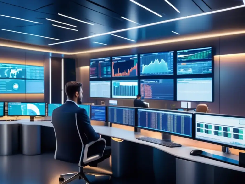 Sala de trading futurista con IA y pantallas de datos financieros Riesgos de bots de trading financiero en sala de operaciones moderna con tecnología avanzada