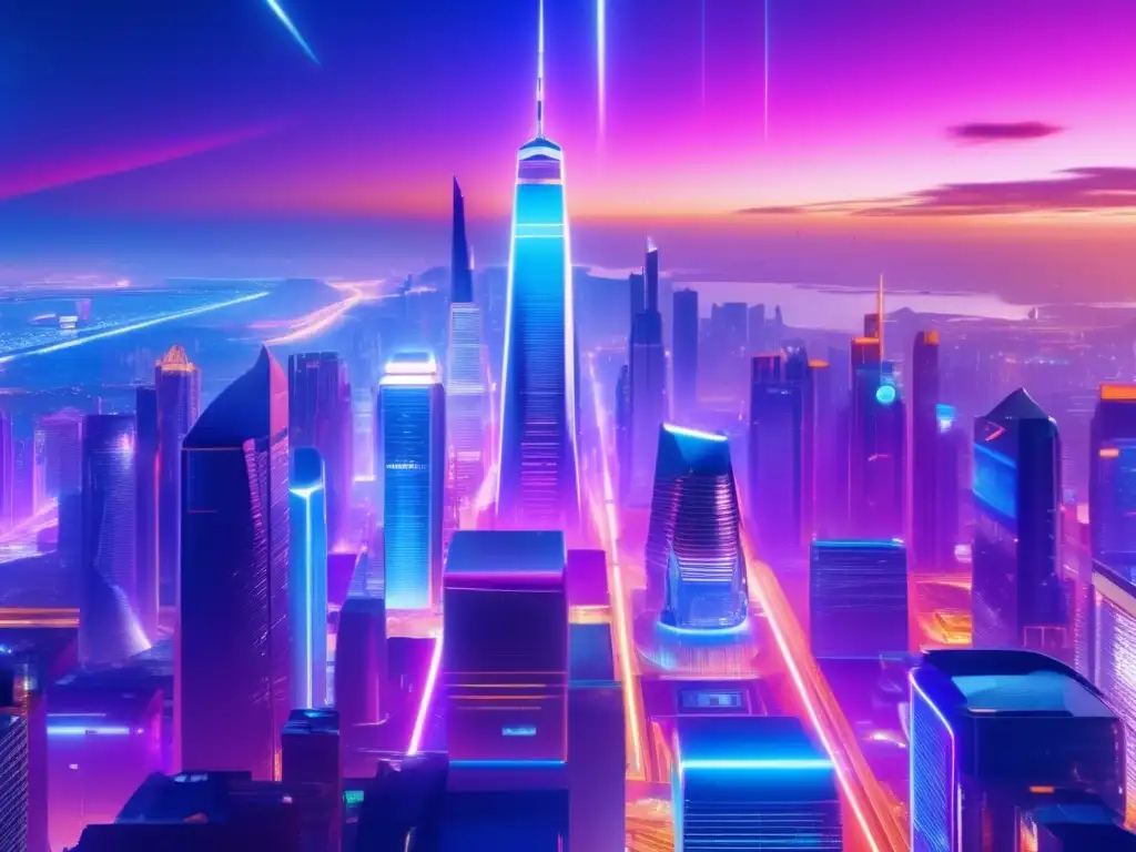 Ciudad futurista iluminada por neones Riesgos derivados inversión moderna - Ciudad futurista nocturna con rascacielos y luces neón