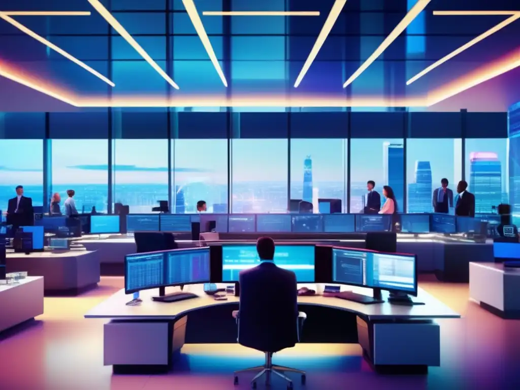Traders en una sala de intercambio financiero moderno Riesgos derivados inversión moderna en sala de trading