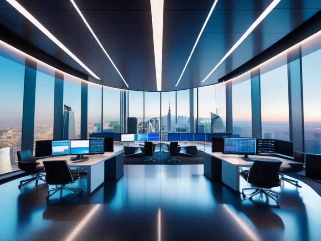 Futuro financiero en trading con pantallas y vista panorámica Riesgos derivados inversión moderna en sala de trading 8k con traders monitoreando pantallas y vistas panorámicas