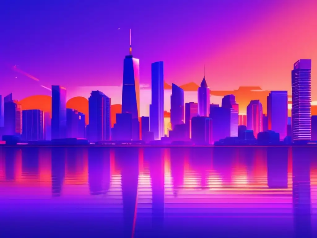 Ciudad de rascacielos al atardecer Riesgos del quantitative easing en inversiones: skyline moderno con rascacielos futuristas, dinero apilado y cielo dramático