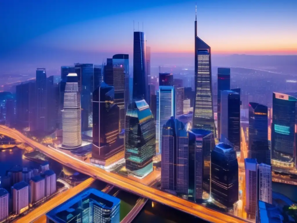 Ciudad moderna al atardecer Riesgos del quantitative easing en inversiones: Skyline nocturno de una ciudad moderna, con rascacielos iluminados y ambiente dinámico