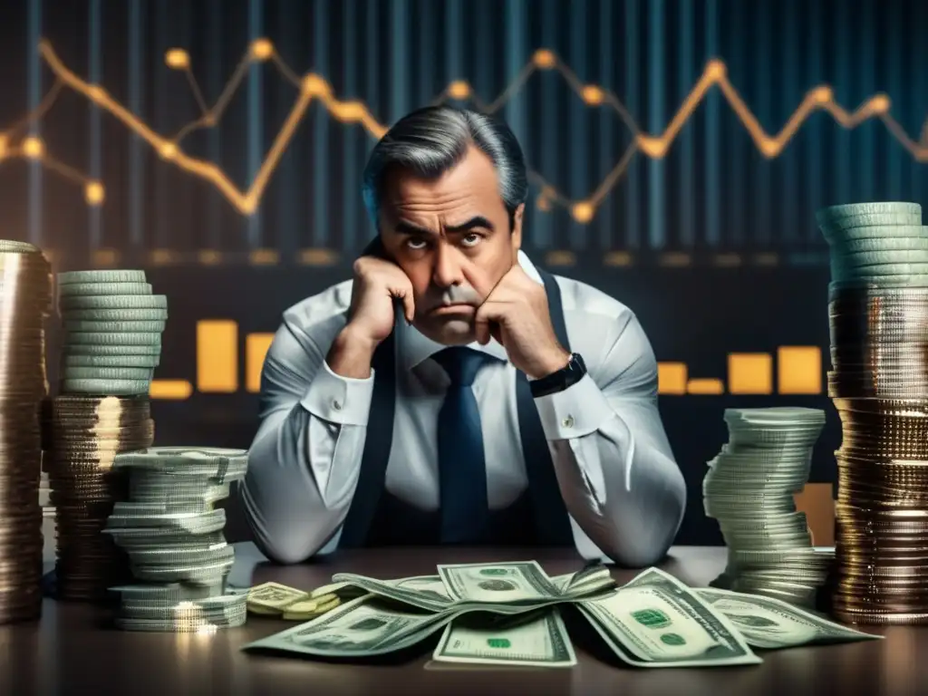 Decisión financiera bajo presión Riesgos de la envidia financiera: Inversor rodeado de dinero y gráficos, mostrando la tensión y el contraste con otros inversores exitosos