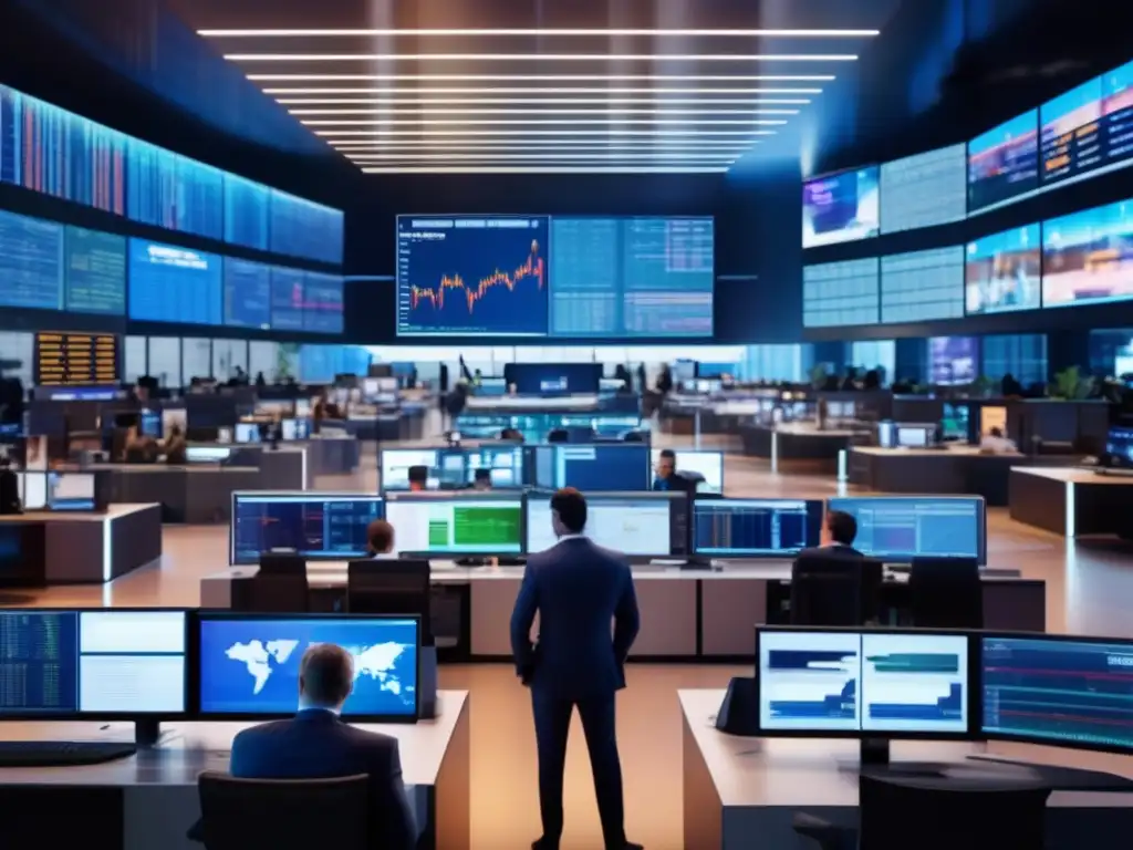 Piso de trading con oficinas de vidrio y pantallas digitales Riesgos invertir ETFs apalancados en moderna sala de trading con profesionales y pantallas digitales