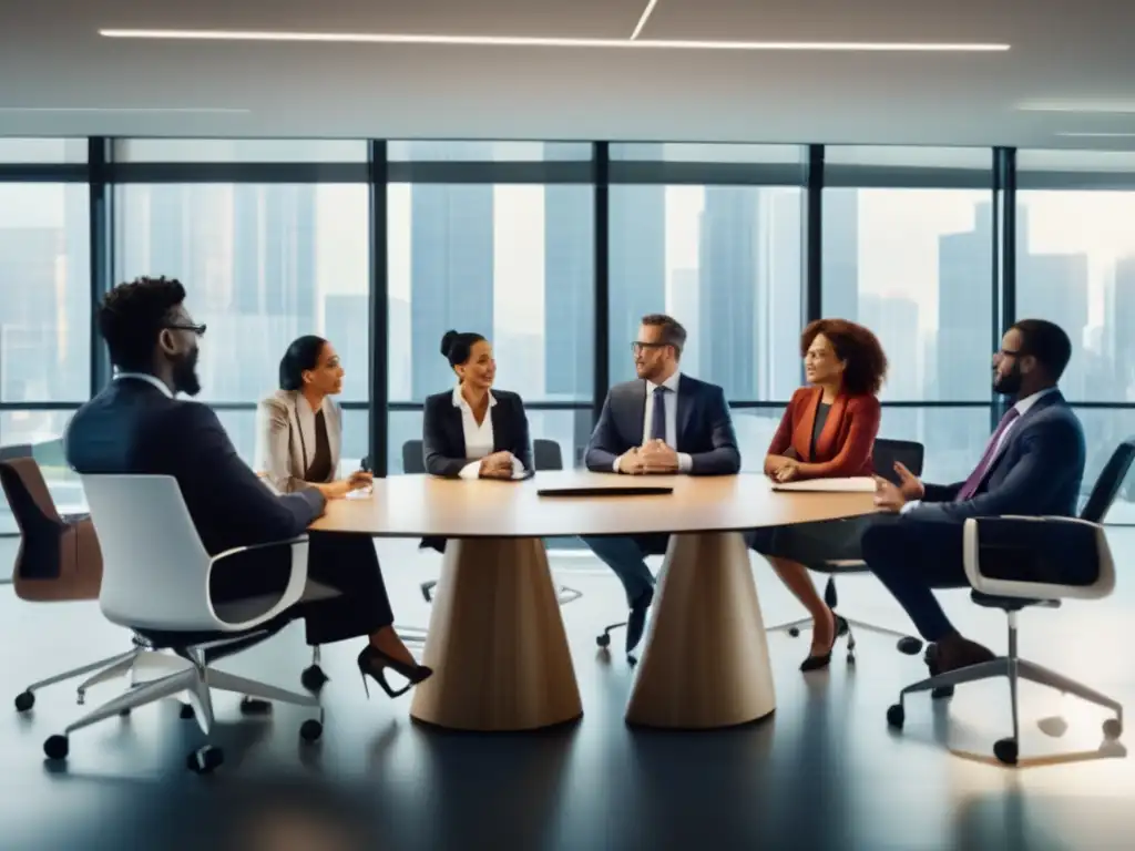 Gestión de riesgos financieros culturales con profesionales diversos en una oficina moderna