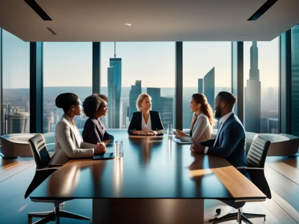 Gestión de riesgos financieros culturales: profesionales diversos en una sala de reuniones moderna con vista a la ciudad