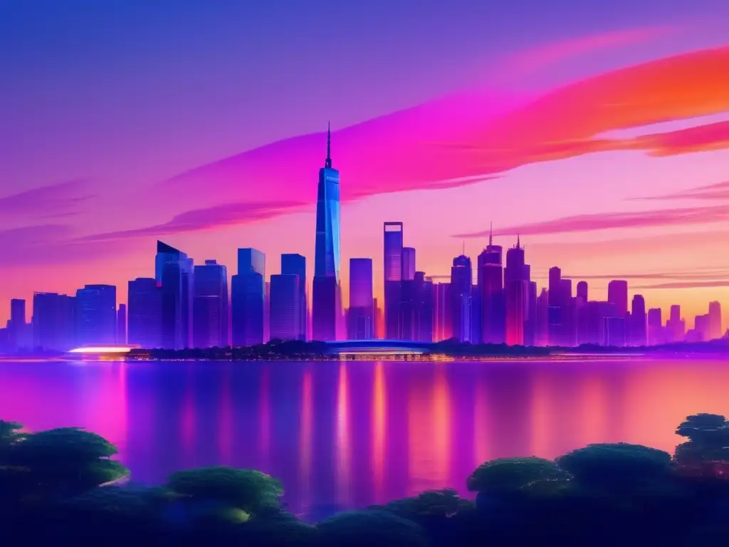 Ciudad vibrante al atardecer Riesgos financieros inversión verde: Ciudad vibrante y sostenible, con rascacielos iluminados y naturaleza exuberante