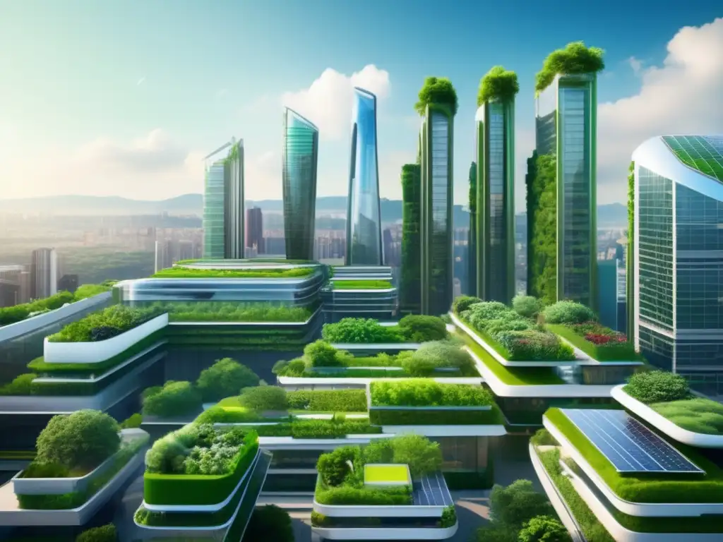 Ciudad sostenible con arquitectura verde Riesgos financieros inversión verde: ciudad futurista con arquitectura sostenible, jardines en los techos y paneles solares