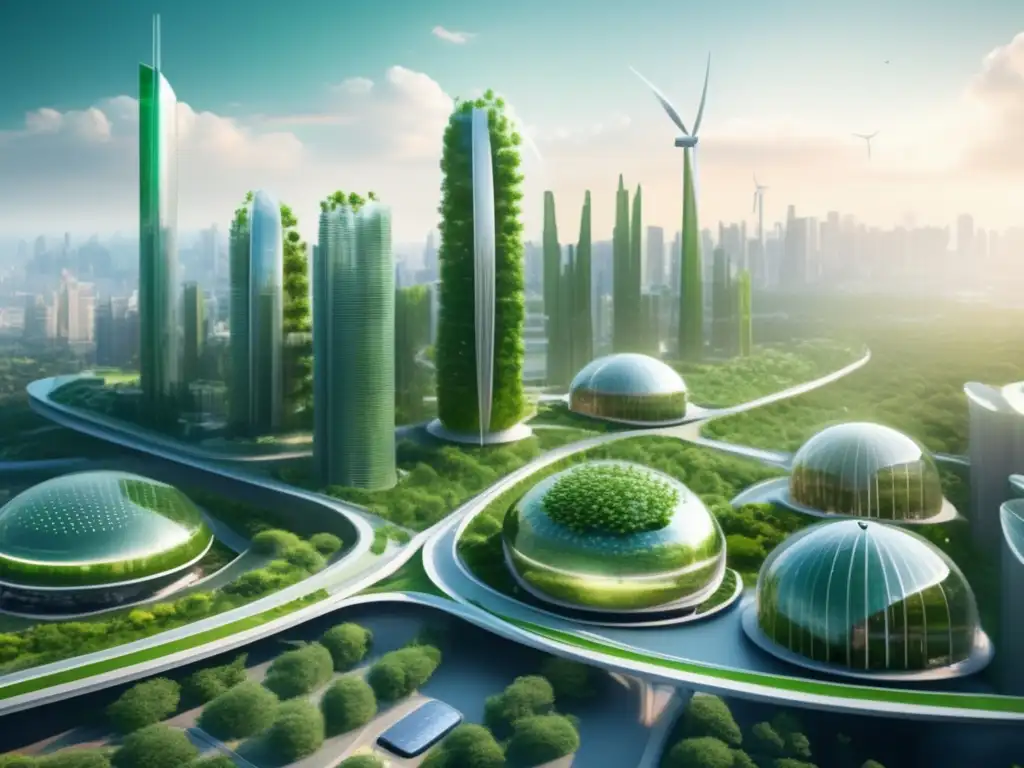 Ciudad futurista sostenible con rascacielos verdes y jardines verticales Riesgos financieros inversión verde: Futuro de la ciudad con rascacielos verdes y energía sostenible