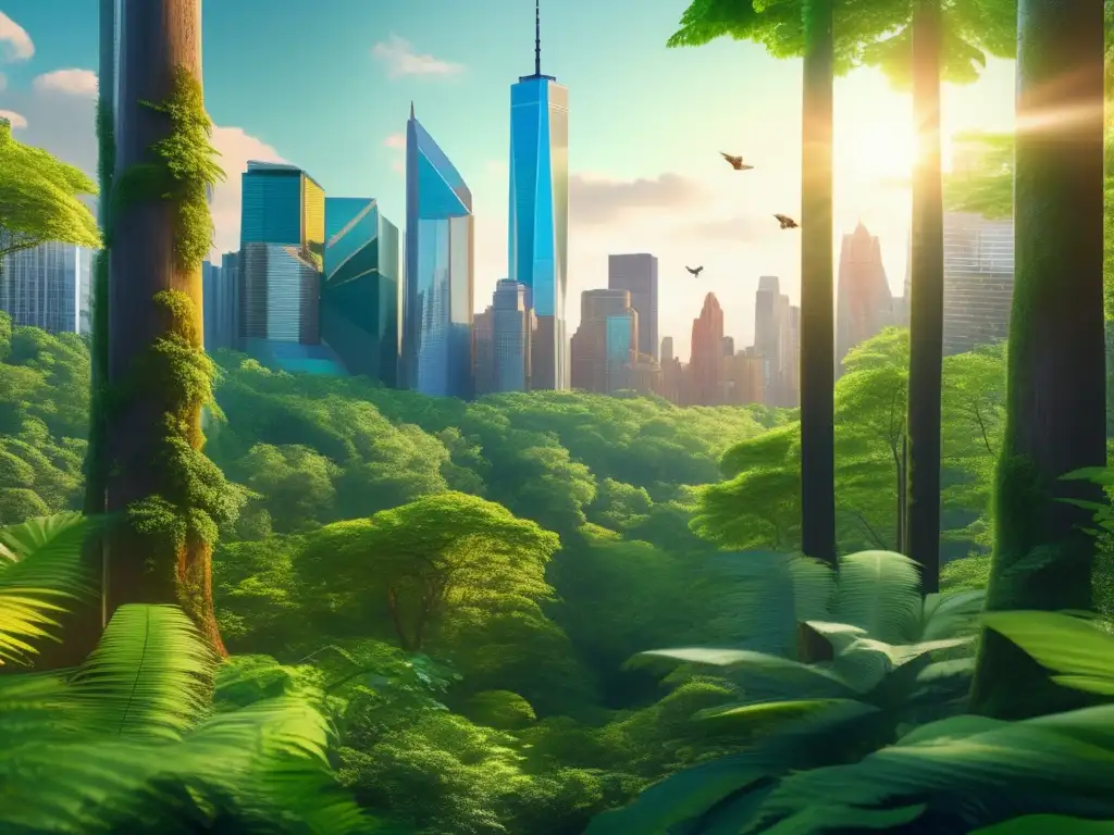 Bosque verde y distrito financiero Riesgos financieros inversión verde: impresionante imagen 8k que muestra la conexión entre el bosque verde y el distrito financiero
