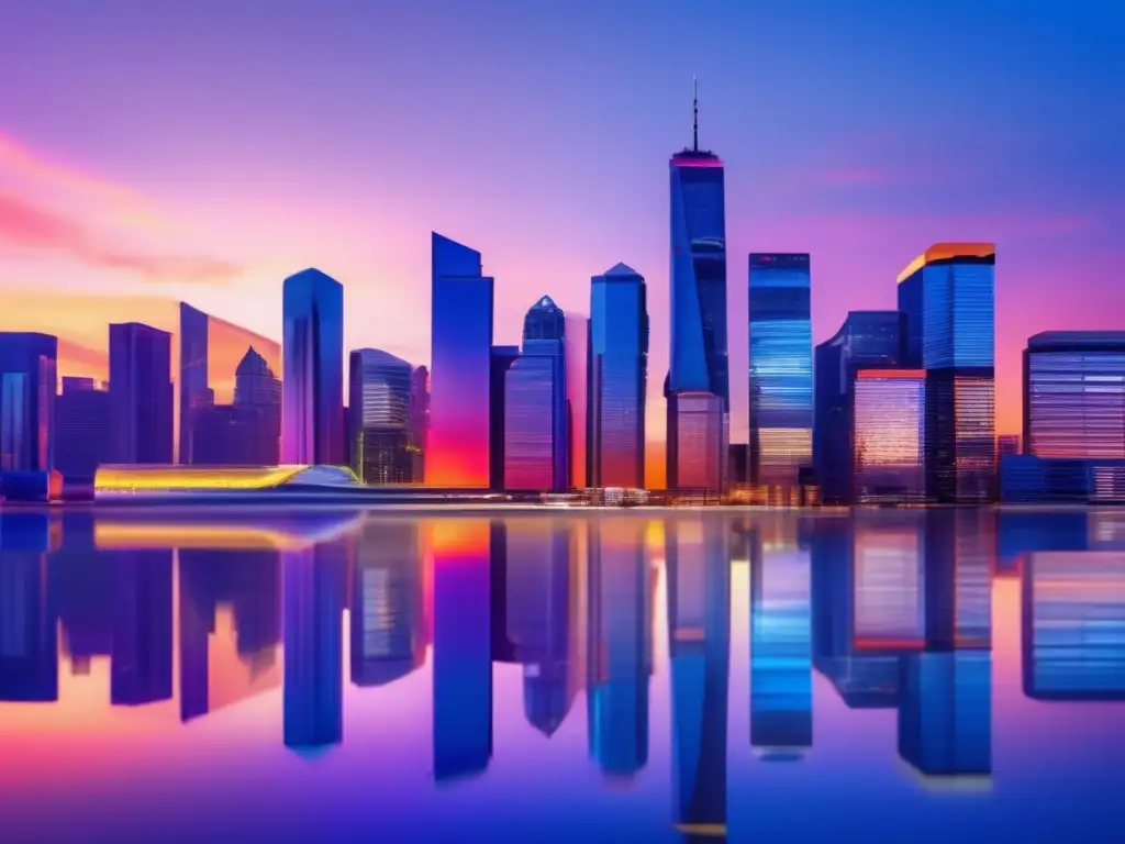 Ciudad moderna al atardecer con rascacielos y profesionales discutiendo Riesgos inversión en inmuebles en crisis: ciudad moderna al atardecer con rascacielos y profesionales discutiendo