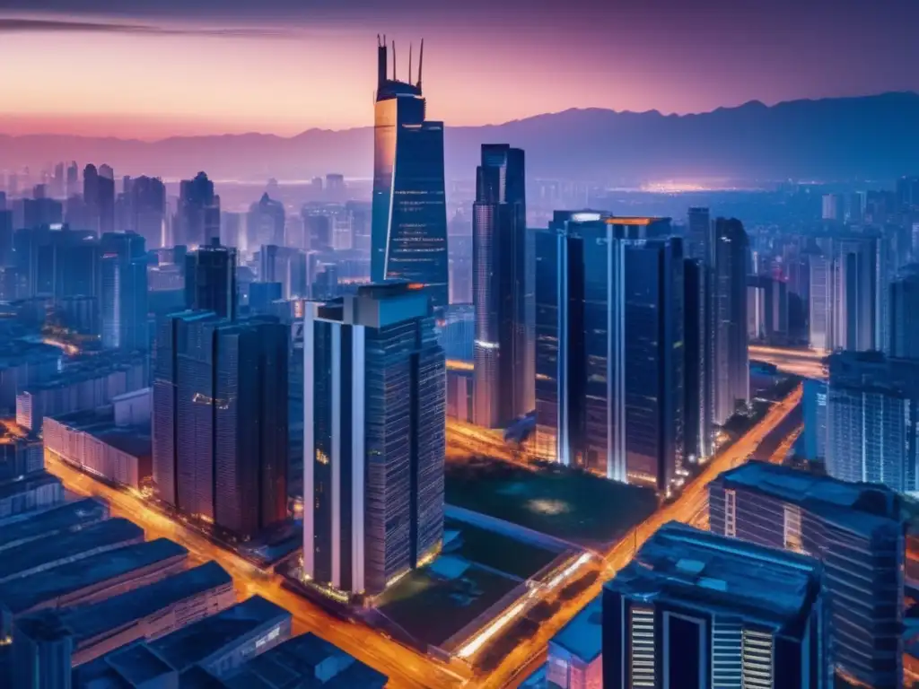 Ciudad moderna al atardecer: inmuebles en crisis Riesgos inversión en inmuebles en crisis, ciudad nocturna con rascacielos y edificio abandonado