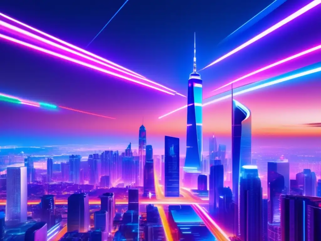 Futuroso paisaje nocturno de ciudad en 8k Riesgos de inversión en la moderna ciudad futurista con rascacielos iluminados por luces de neón y actividad frenética