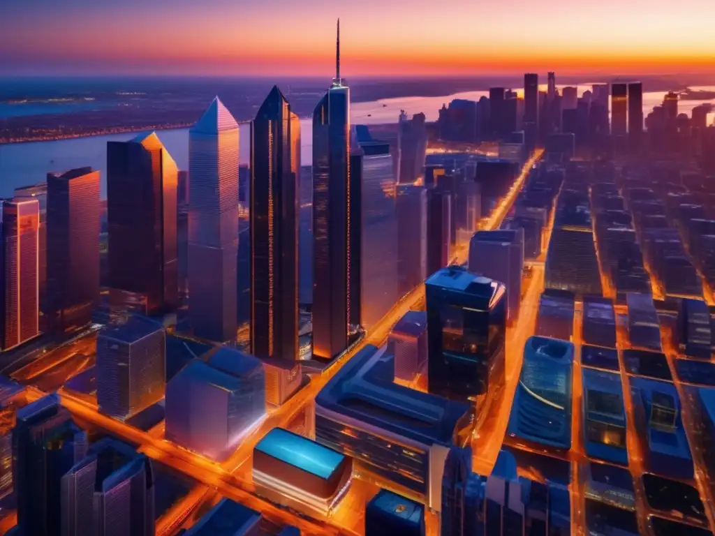 Ciudad moderna y vibrante al atardecer Riesgos inversión en startups: Ciudad moderna al atardecer, con rascacielos de vidrio reflejando la cálida luz del sol