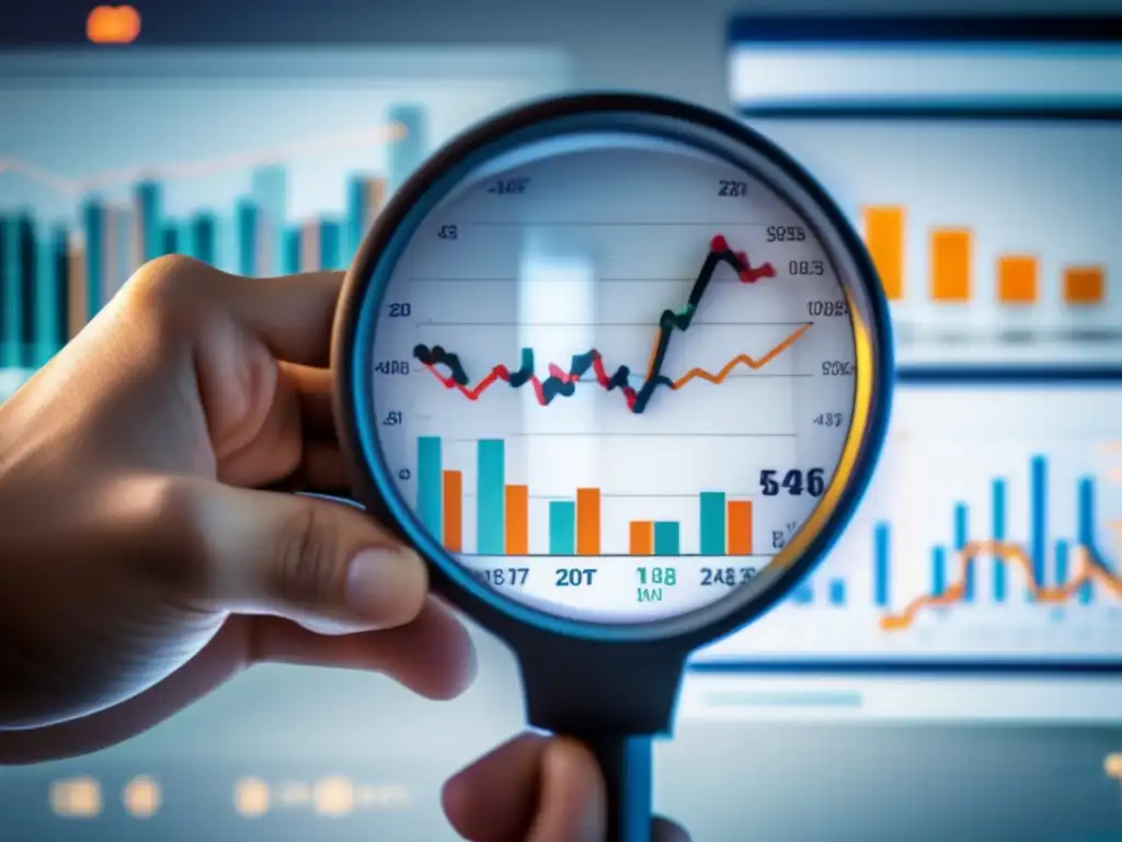 Análisis detallado de riesgos en inversiones Riesgos inversión en startups: mano sostiene lupa sobre gráficos financieros, revelando detalles y simbolizando toma de decisiones informadas