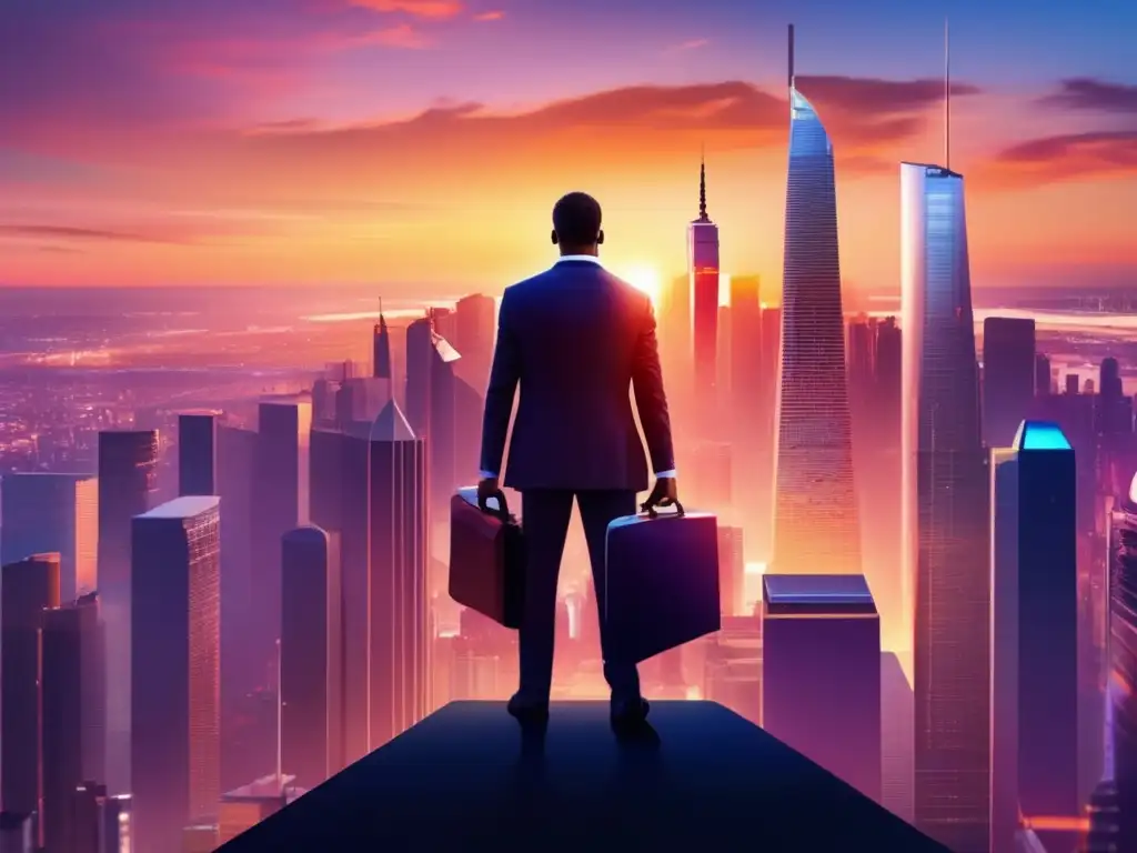 Hombre de negocios en rascacielos al atardecer Gestión de riesgos en inversiones - Hombre de negocios en un rascacielos, mirando la ciudad al atardecer
