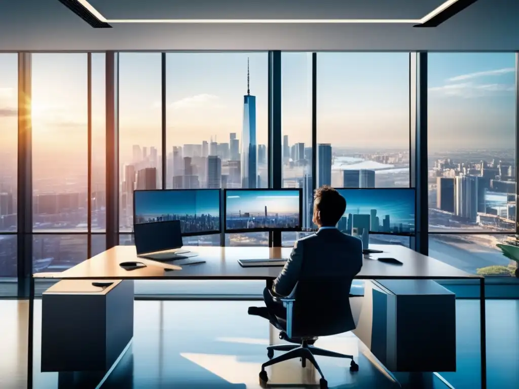 Oficina moderna con vista a la ciudad Gestión de riesgos en inversiones: Oficina moderna con vista a la ciudad, muebles contemporáneos y tecnología avanzada