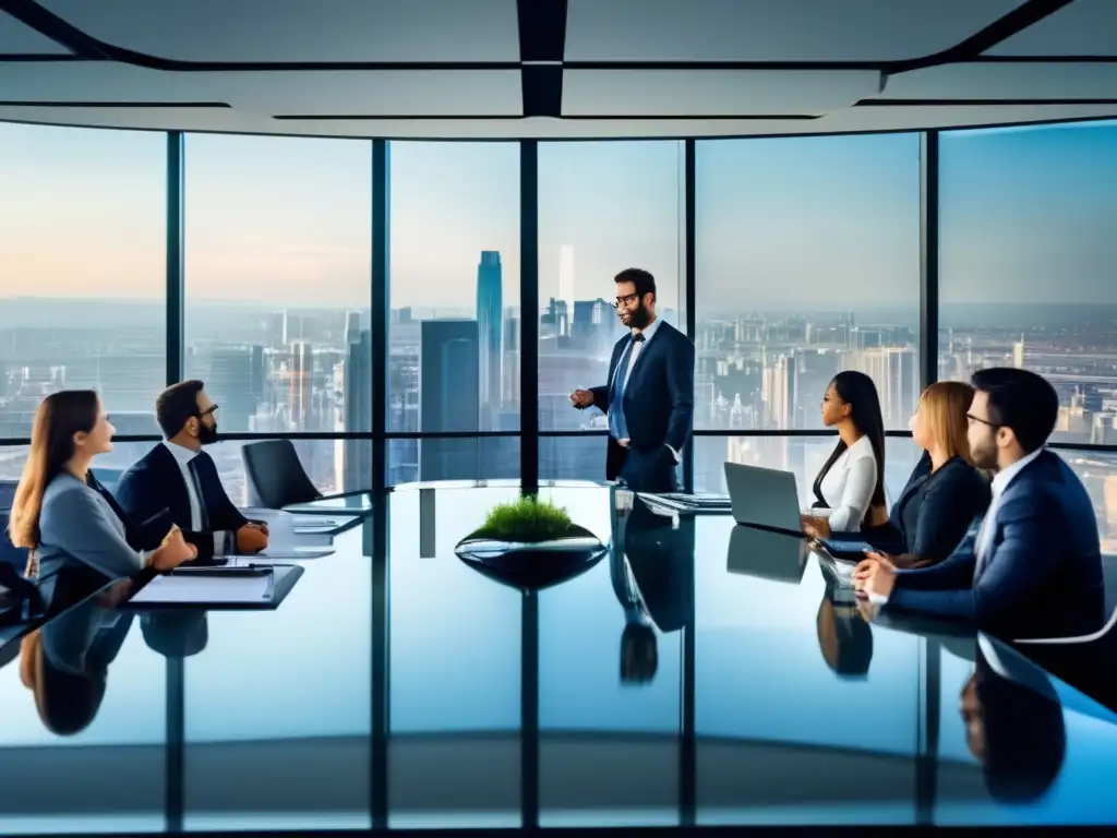 Oficina moderna con vista de ciudad y profesionales discutiendo Gestión de riesgos en inversiones en una oficina moderna con vistas a una ciudad vibrante