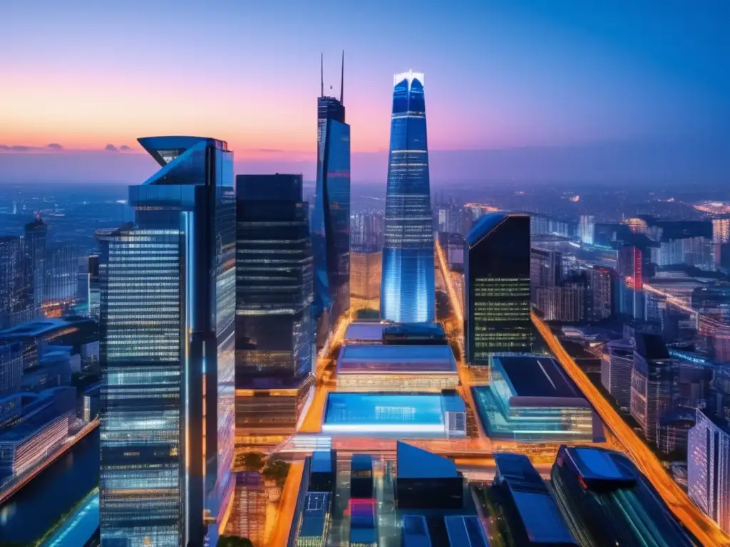Skyline nocturno con rascacielos iluminados Riesgos de inversiones seguras en una ciudad moderna al atardecer, con rascacielos iluminados y tráfico activo