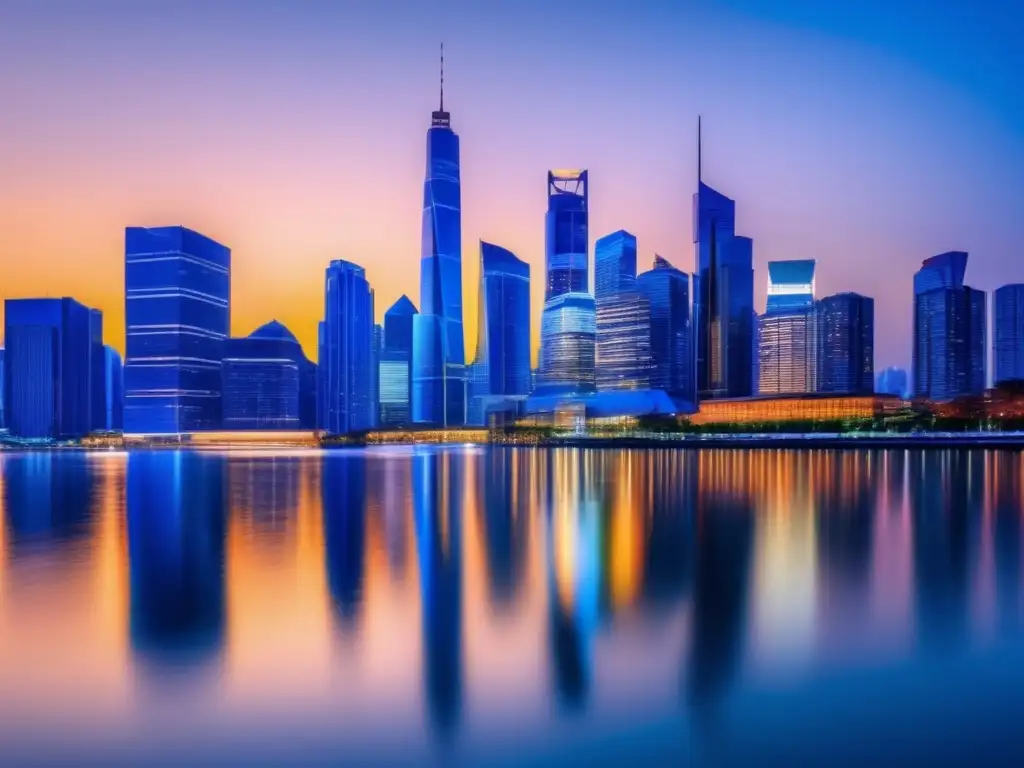 Skyline moderno iluminado en ciudad vibrante Gestión de riesgos en mercados financieros diversificados: Ciudad moderna y vibrante, reflejo de luces en el río