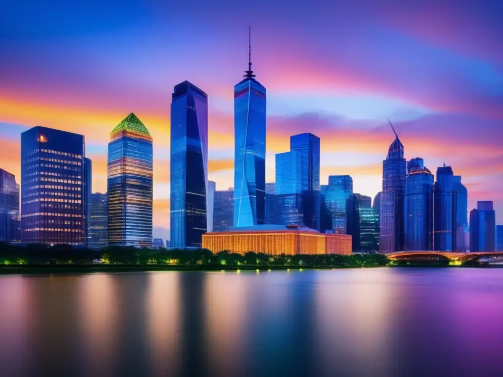 Ciudad moderna iluminada al anochecer Gestión de riesgos en mercados financieros diversificados: ciudad vibrante y cautivadora con rascacielos iluminados y reflejos en el río