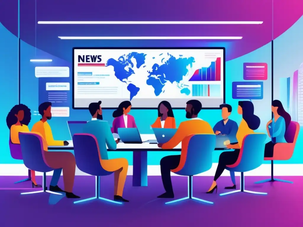 Conferencia futurista sobre noticias falsas Riesgos de noticias falsas en inversión - Grupo diverso discutiendo en una mesa de conferencias futurista con noticias falsas en pantallas