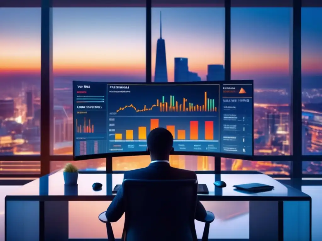 Persona enfocada en análisis financiero Riesgos de noticias falsas en inversión: persona centrada en análisis financiero en moderno escritorio con gráfico en pantalla y skyline al atardecer