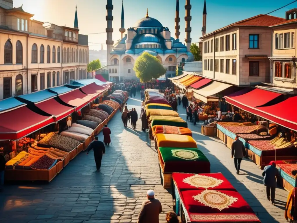 Mercado vibrante en Estambul, Turquía Inversión en Turquía: Riesgos y Oportunidades - Estampa vibrante de las calles bulliciosas de Estambul, con un moderno paisaje urbano de fondo