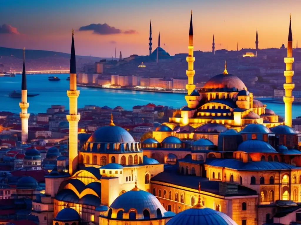 Vibrante Estambul: Calles, arquitectura y energía Inversión en Turquía: Riesgos y Oportunidades - Estampa vibrante de Estambul, con calles bulliciosas y skyline moderno reflejando el atardecer dorado