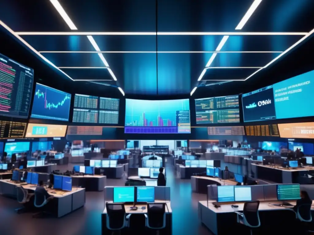 Mercado financiero futurista Riesgos y oportunidades en mercados de derivados globales con profesionales en una moderna sala de trading